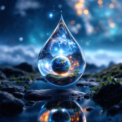 The primary subject of the image is a drop of water, which is floating in the air and appears to be a part of a larger waterfall. The setting is a nighttime scene with a dark sky, and the visual style is a digital art or illustration. The colors and mood of the image are predominantly dark, with the drop of water being the main focal point.